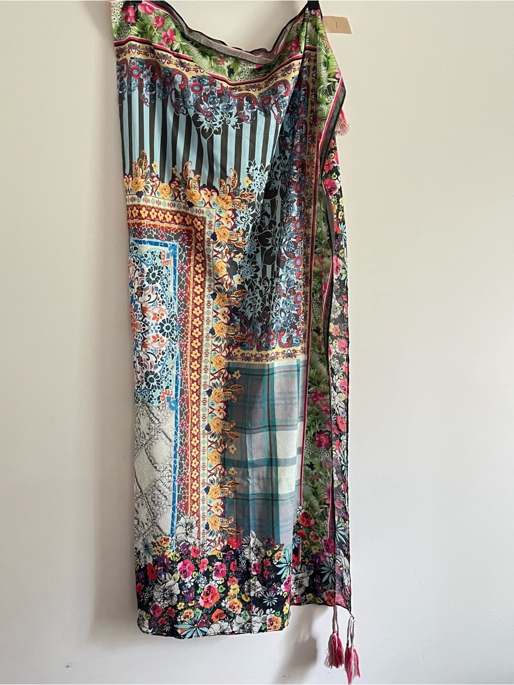Johnny Was Multicolor Patchwork Floral Print Tassel Scarf Boho Wrap Shawl